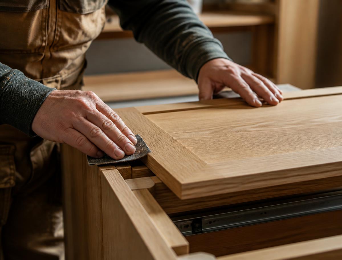 Carpenter fitting a solid oak cabinet door in the workshop