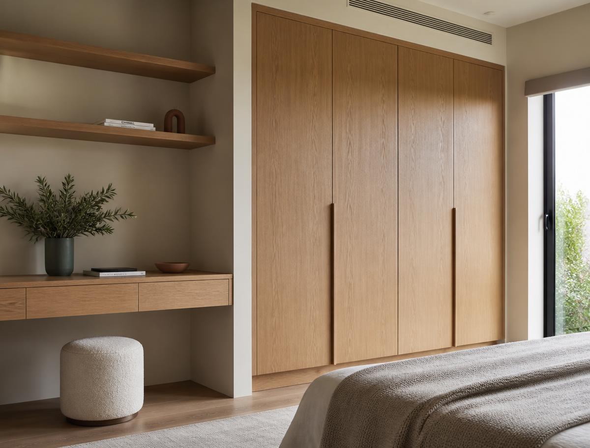 Bespoke built-in oak wardrobe and floating shelving in a modern home